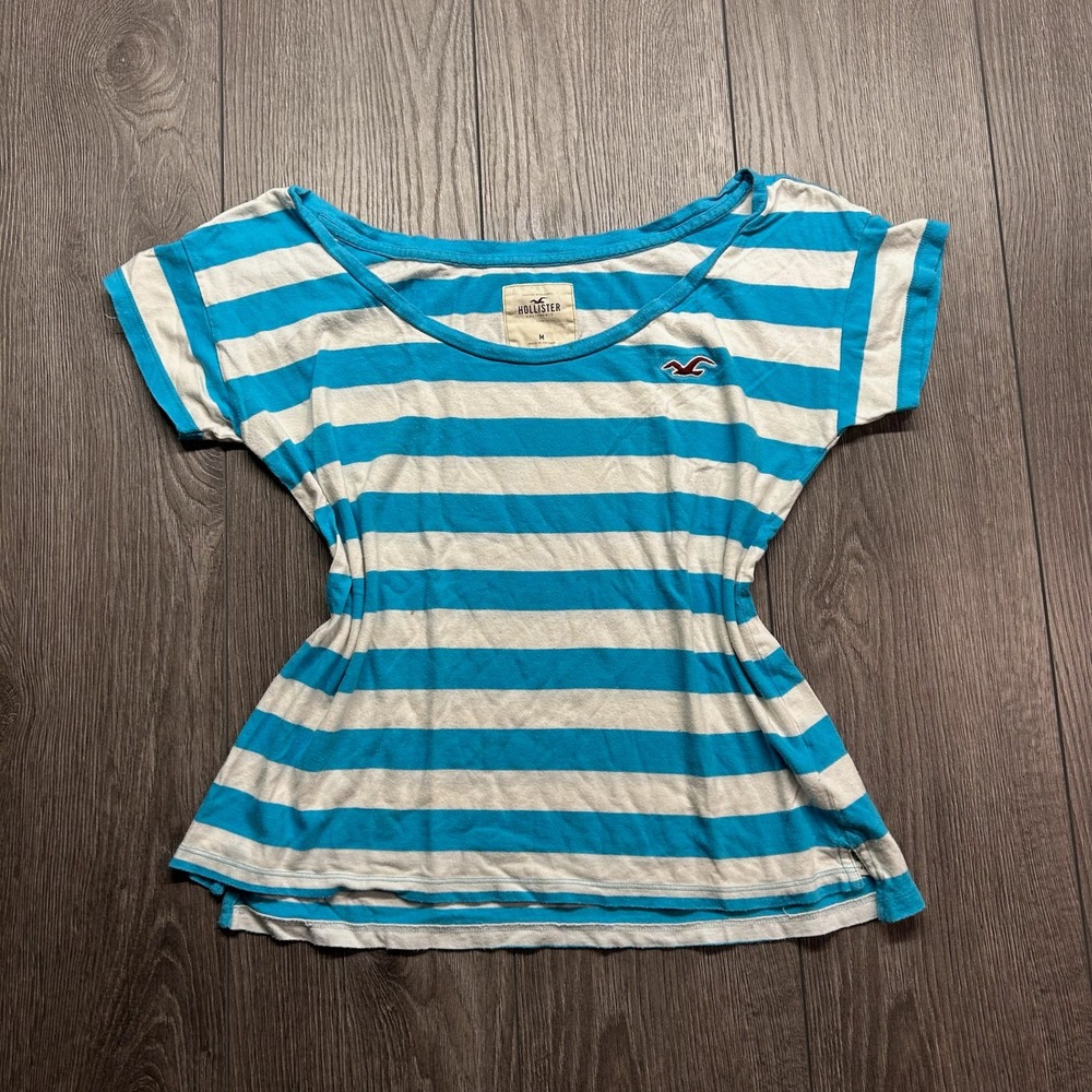 Hollister Women medium Blue White Striped Short Sleeve Scoop Neck Y2K Top